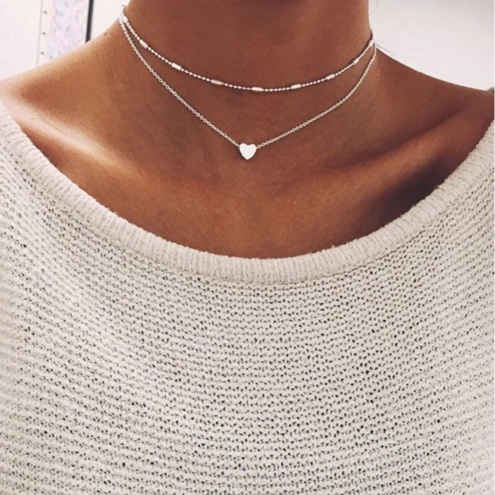 Dainty Heart Layered Choker Necklace Silver / Gold
